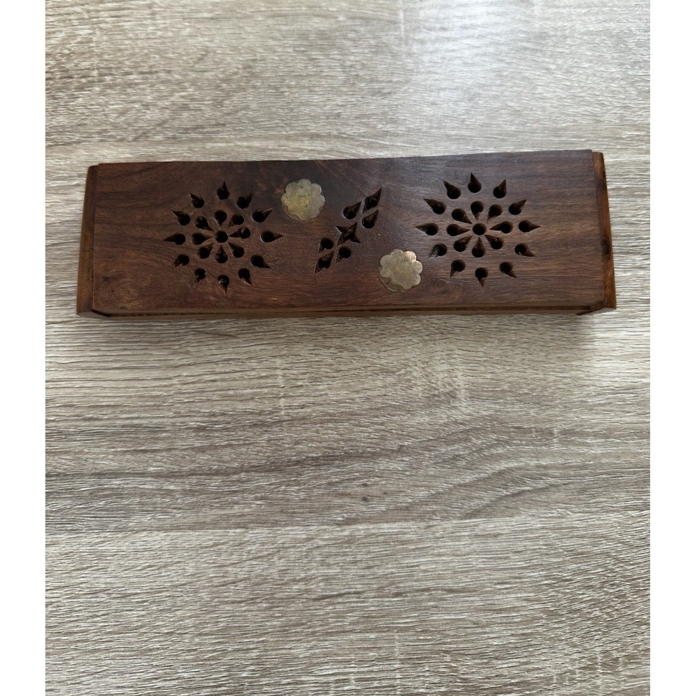 Vintage Wooden Incense Box Brass Floral Inlay Storage for Cones Hinged Opening